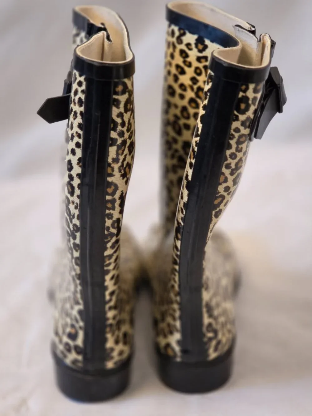 Leopard Print Rubber Boots with Black Buckle and Black Trim Size 6